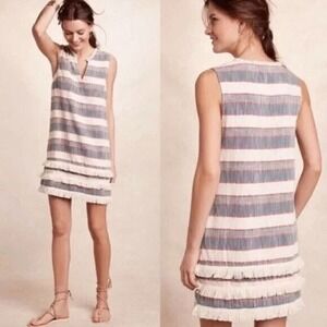 Anthropologie Holding Horses Dress‎ Size 8 Fringe Denim Stripe Boho Country USA